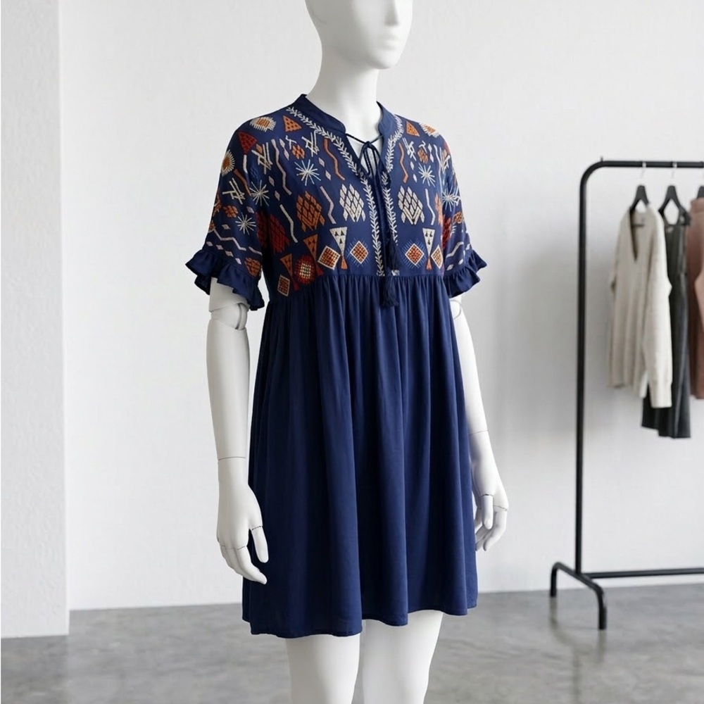 Solitaire Womens S Navy Blue Boho Embroidered Babydoll Mini Dress Tassel Ruffle